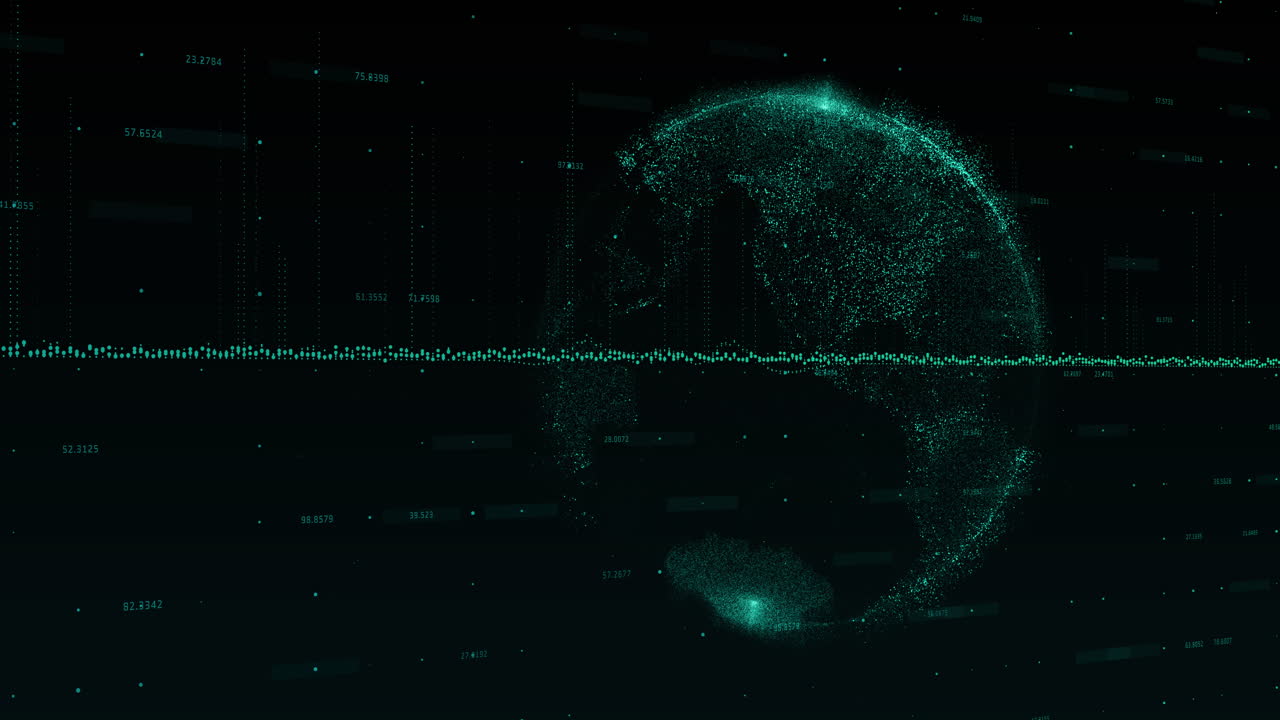 Blue graph made of dots going up and down with blue blocks floating over a blue globe