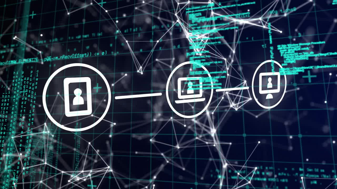 검은 바탕 위의 연결 네트워크와 데이터 처리의 애니메이션