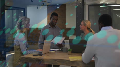 animation of graphs with changing numbers over diverse coworkers discussing reports in office
