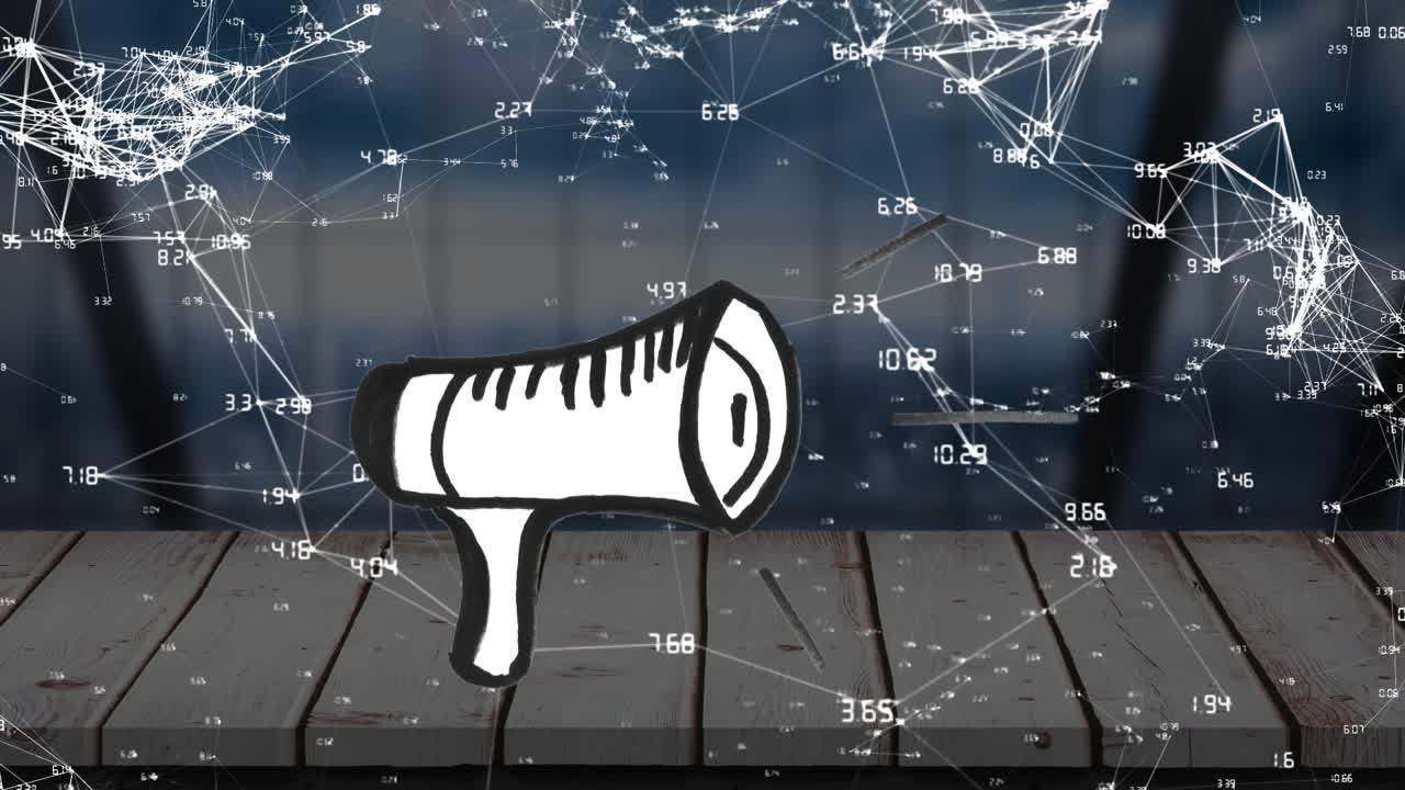 메가폰 아이콘의 애니메이션과 시티스케이프를 통해 데이터 처리를 하는 연결 네트워크.