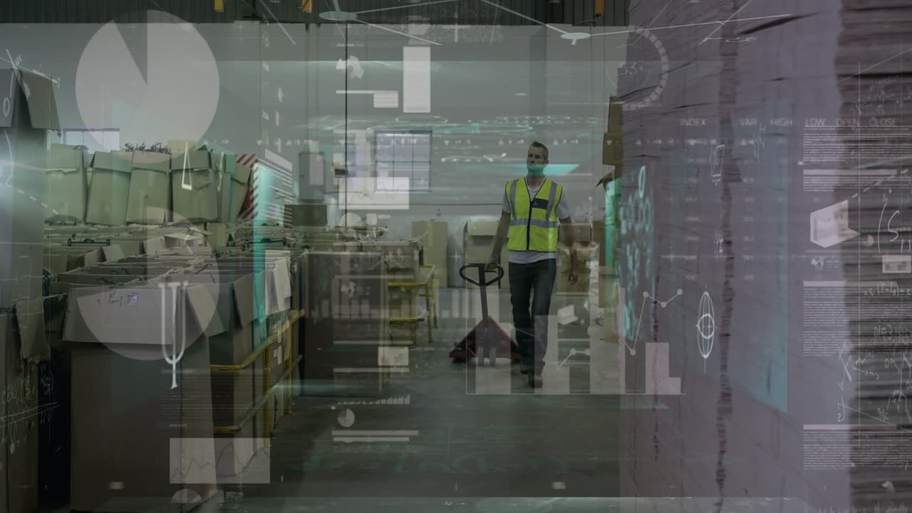 Animation of data processing over caucasian male worker in warehouse