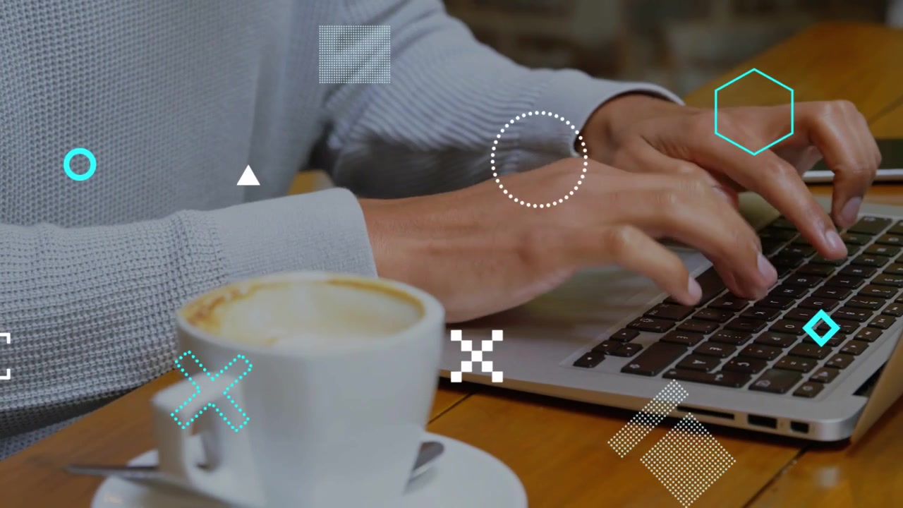 Graphic overlays appearing then fading, forearms typing and tapping trackpad to complete work