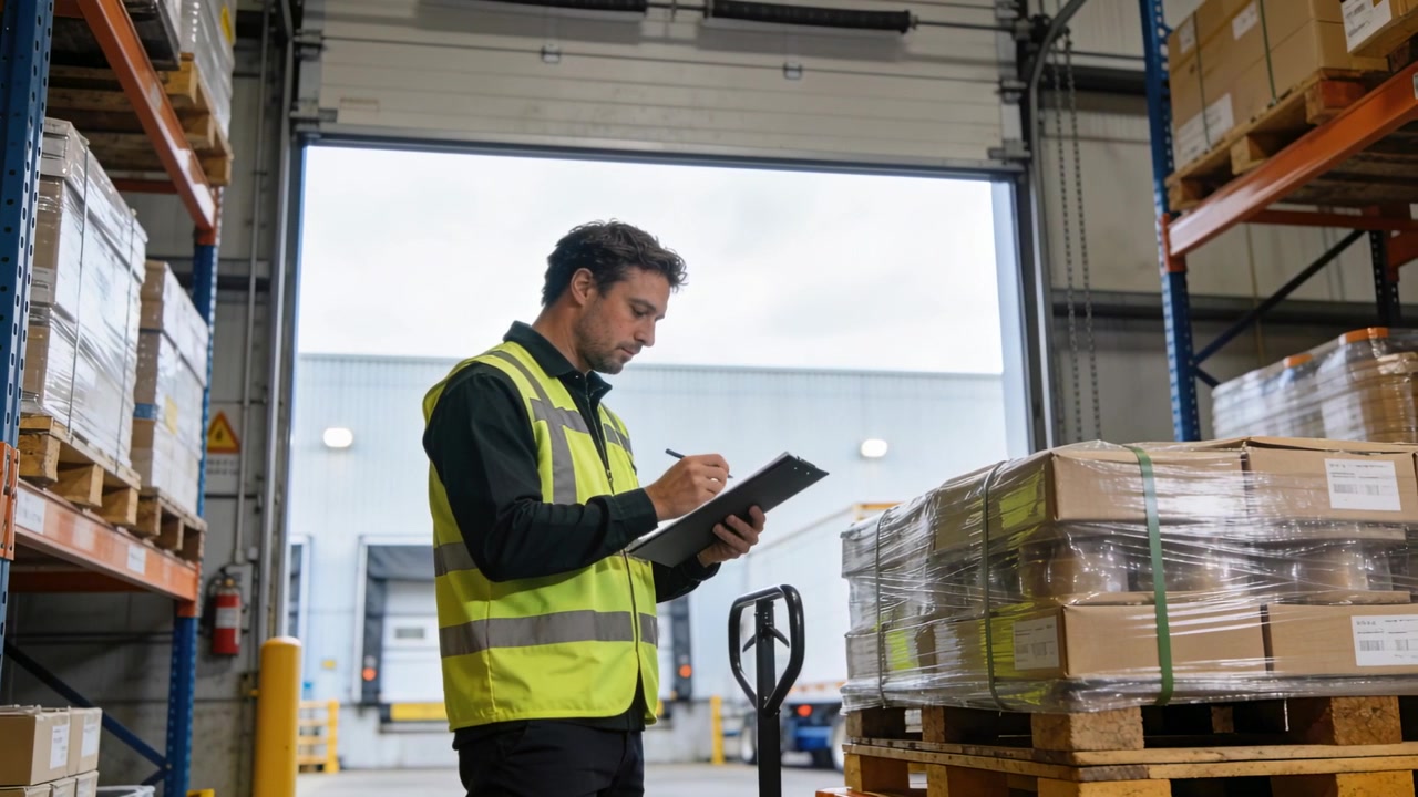 Lavoratore in abbigliamento ad alta visibilità che apre una porta, controlla l'inventario dei pallet e scrive su un blocco note al molo con un transpallet