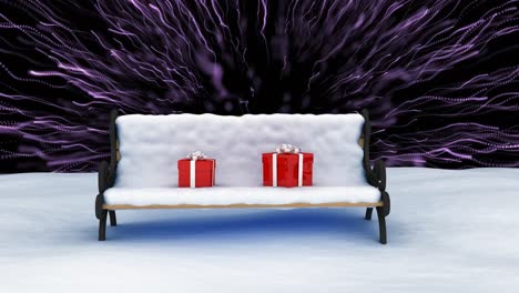 Animation-of-christmas-presents-on-bench-with-snow-over-fireworks-on-dark-background