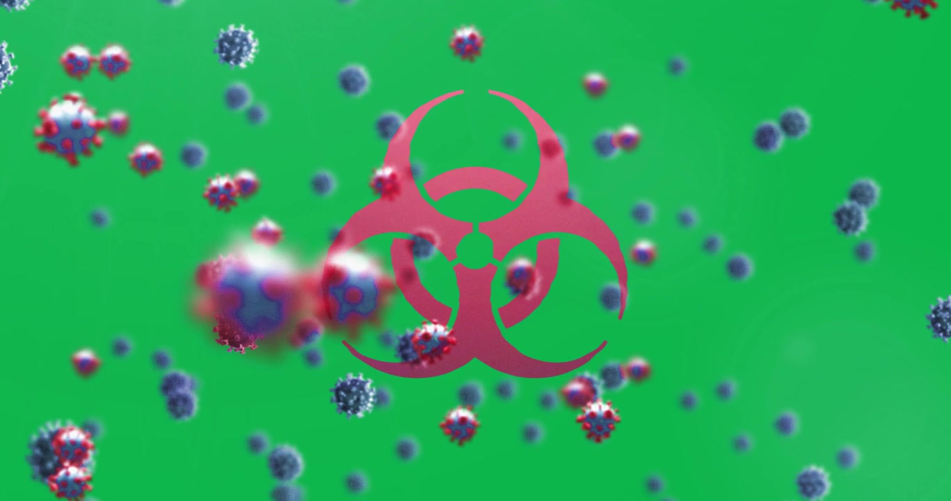 Animation of a red hazard sign with macro Covid-19 cells floating on blue background.