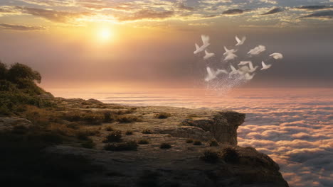 a soul's flight: metamorphosis into doves from a cliff edge at golden hour