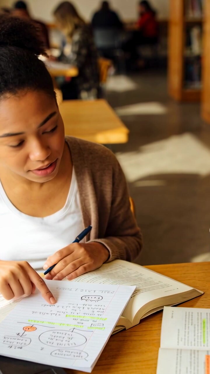 Hearing nearby voice, student pointing at notes, tracing diagrams, then writing on page to study