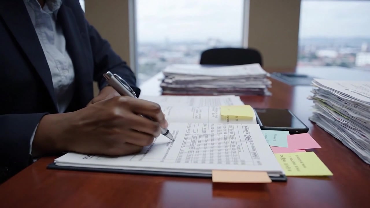 Business professional reviewing and signing documents at a desk, surrounded by stacks of paperwork and a smartphone, in a modern office setting.