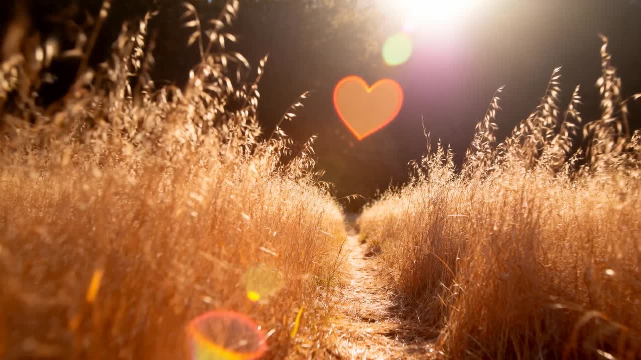 Camera moving forward along dirt footpath through golden grasses, showing heart flare guiding view