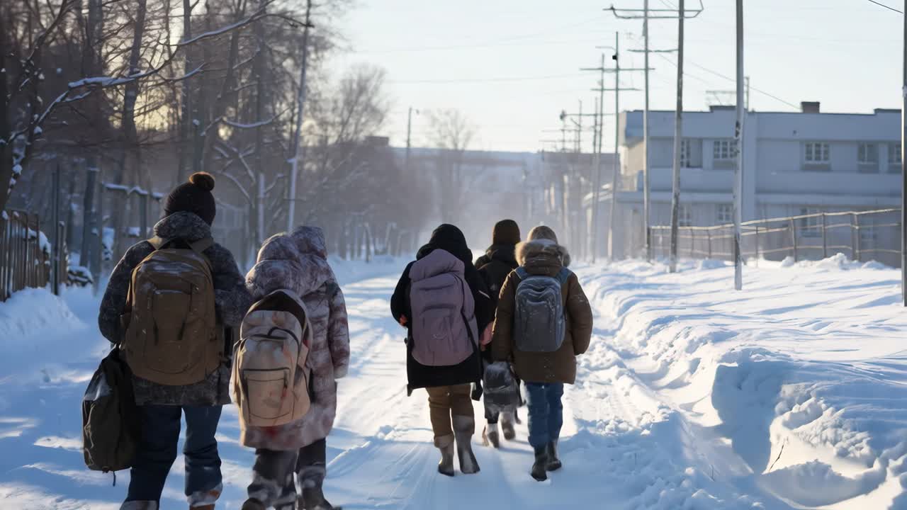 Students walking together on snow covered rural road, carrying backpacks during cold winter afternoon with soft sunlight filtering through distant trees