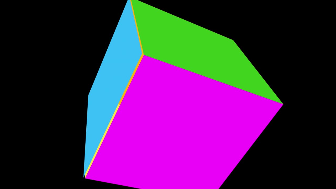 알파 채널과 함께 회전하는 다채로운 큐브. 검은색의 평평한 큐브 애니메이션