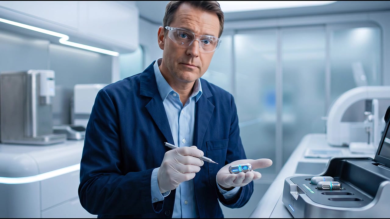 Scienziato di laboratorio che esamina un piccolo campione biomedico con guanti protettivi, ripreso in un ambiente professionale realistico