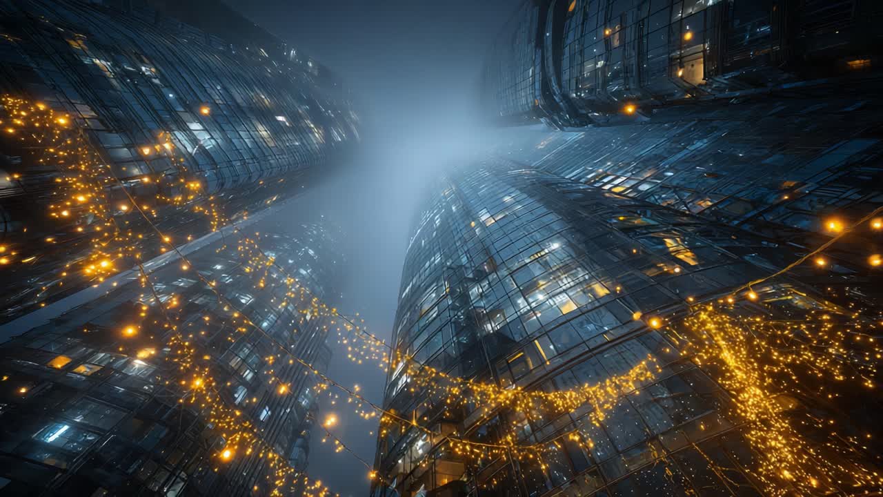 A Stunning View of a Modern Urban Landscape at Night, Captured from Below the Skyscrapers, Decorated with Sparkling Lights and Shrouded in Mystical Fog