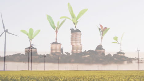 wind turbines in field with growing plants over coins animation