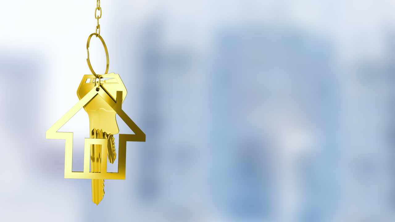 animación de llaves de casa doradas colgadas contra un fondo borroso con espacio de copia