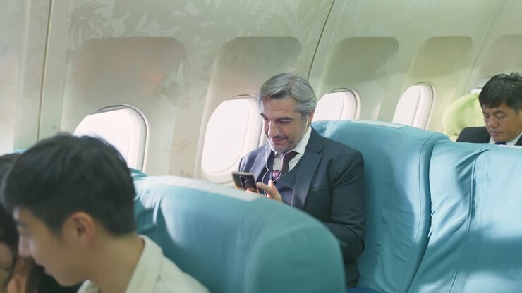 homem de negócios usando smartphone no avião