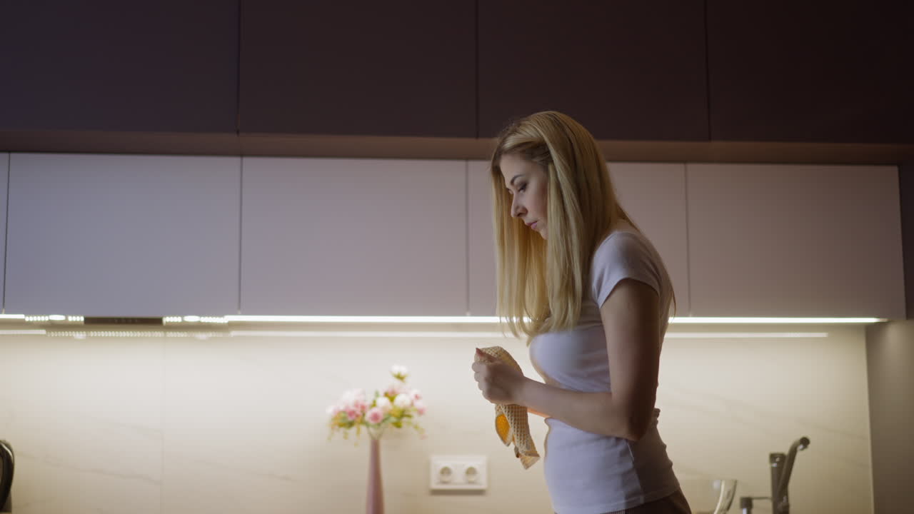 la ama de casa se limpia las manos y lanza la toalla en la cocina en casa