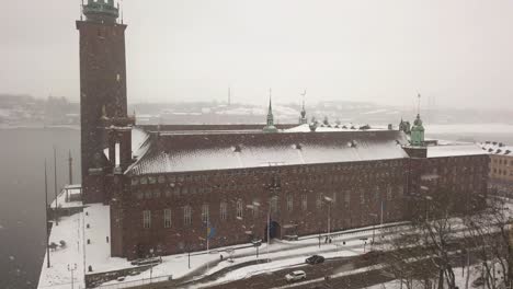 Aerial-sideview-of-popular-City-Hall-in-the-historic-city-of-Stockholm,Sweden