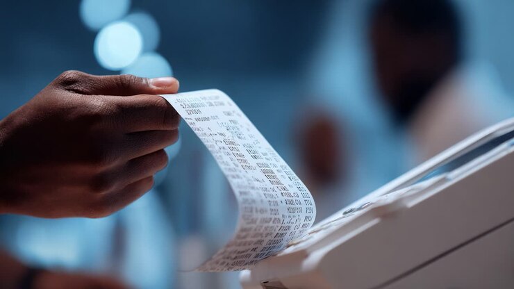 Nærbillede af en hånd, der holder en printet kvittering med detaljerede oplysninger, der viser en transaktionsproces og indfanger essensen af handel og kundeengagement