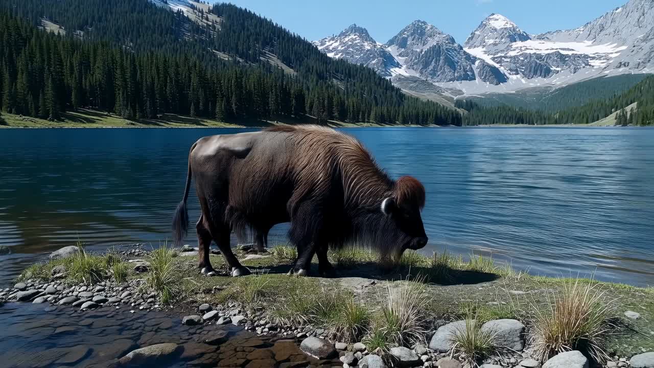 Grazing adult American bison stepping slowly along narrow spit at alpine lake, seeking vegetation