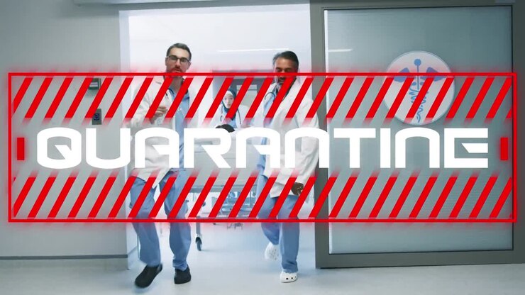 Quarantine text against doctors wheeling a bed in hospital