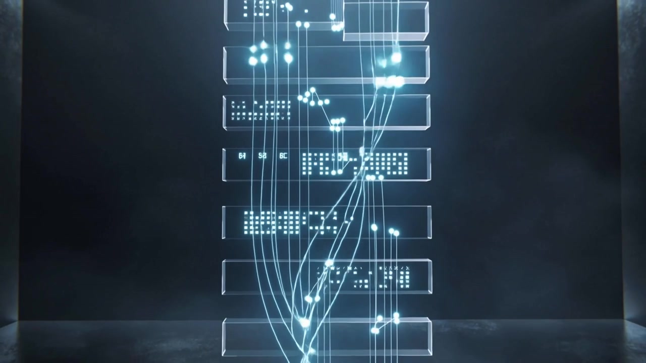 Streaming plate stack in dark chamber, cyan strands entering left and pulsing nodes, showing data