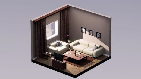 3d isometric living room, with cream sofa and chair, tv stand, table,, rotating left and right, seamles loop 3d animation, interior design 3d scene