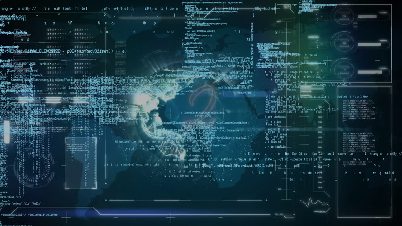 Animace digitální lebky s překryvem kódu vytvářející koncept futuristické technologie.