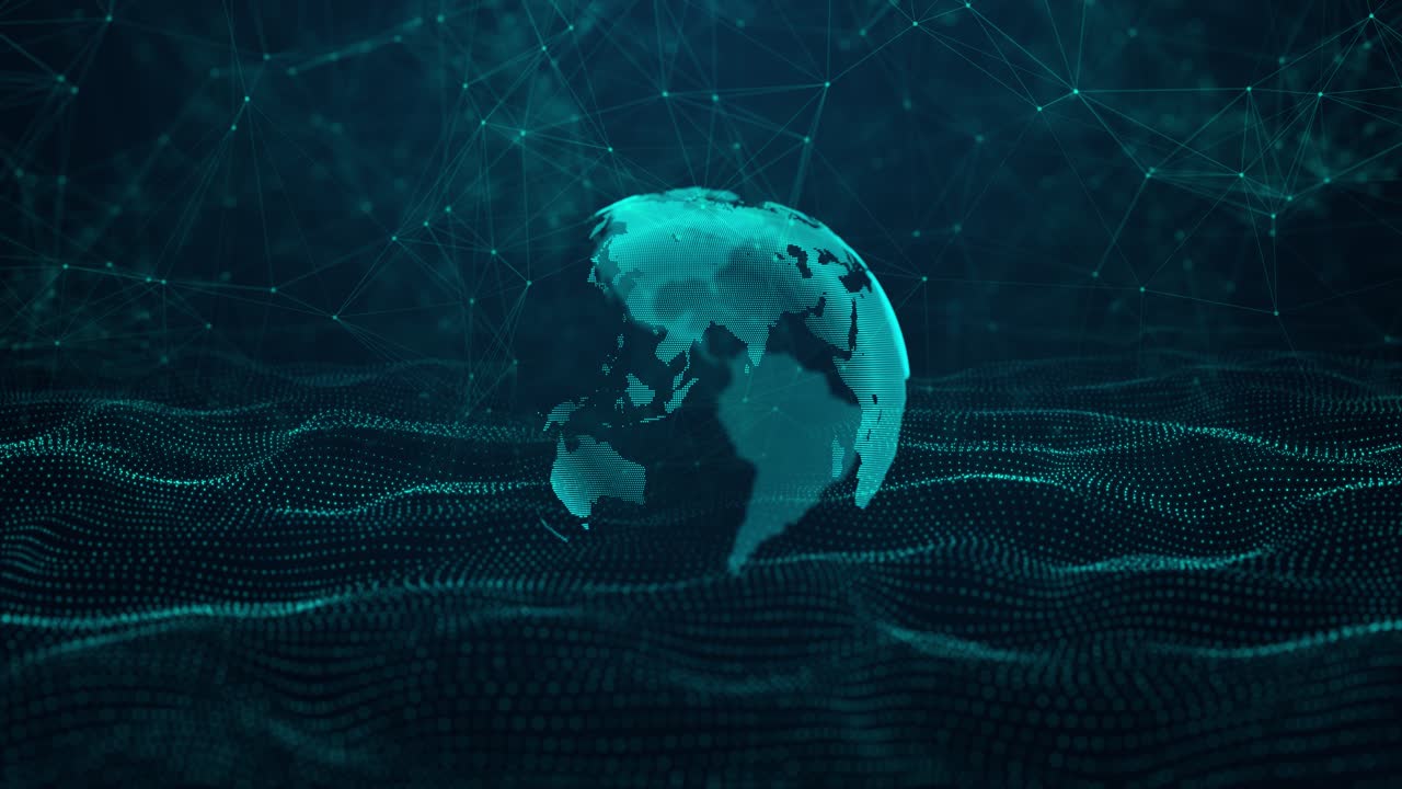 Futuristic animation showing rotating globe above dynamic plexus wave surface visualization