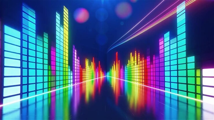 Futuristisk regnbuefarvet neon musik equalizer visualisering baggrund.