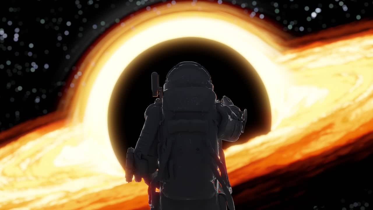 Astronaut levitating in space looking at glowing ringed planet