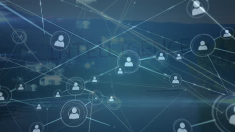 animation of network of connections with people icons over intelligence text and landscape