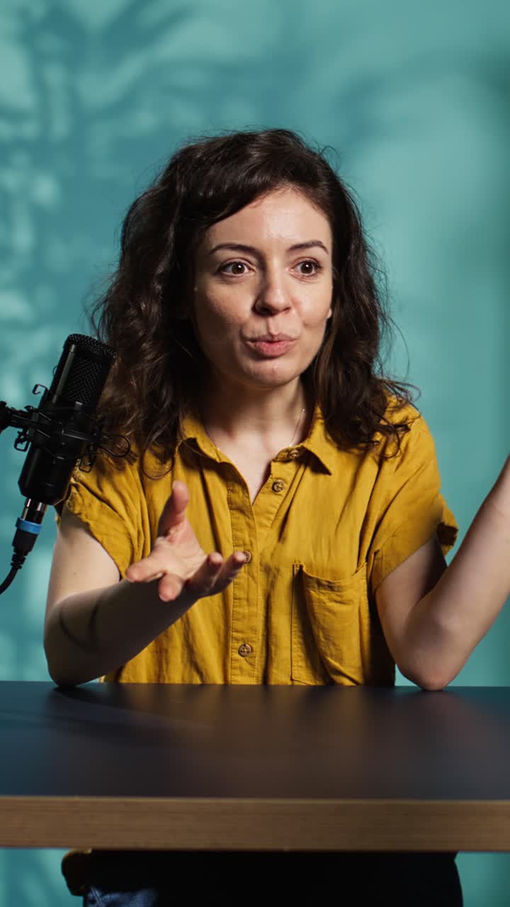 Giovane donna che parla e gesticola in un microfono in uno studio