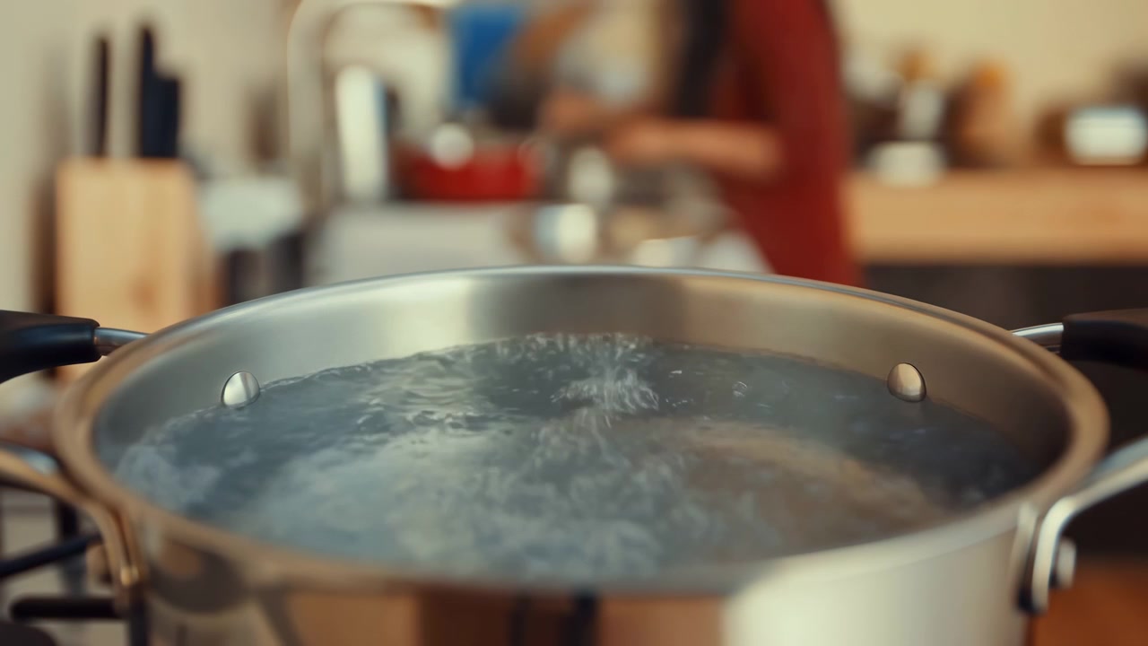 Metal cooking pot stays sharply framed in foreground while hot water bubbles and steam-like haze drift above it, with blurred kitchen background supporting calm domestic preparation