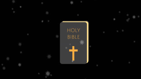 animation of snow and bible on black background