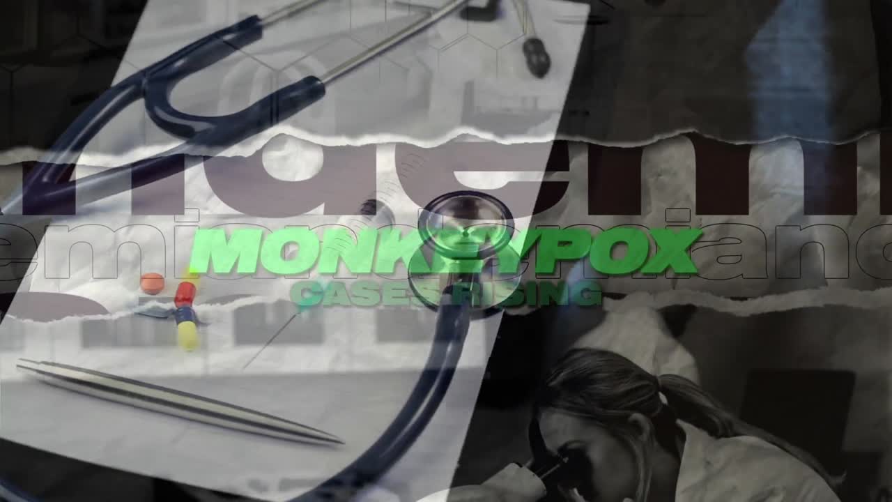 animación de la viruela del mono sobre el estetoscopio y el cuaderno