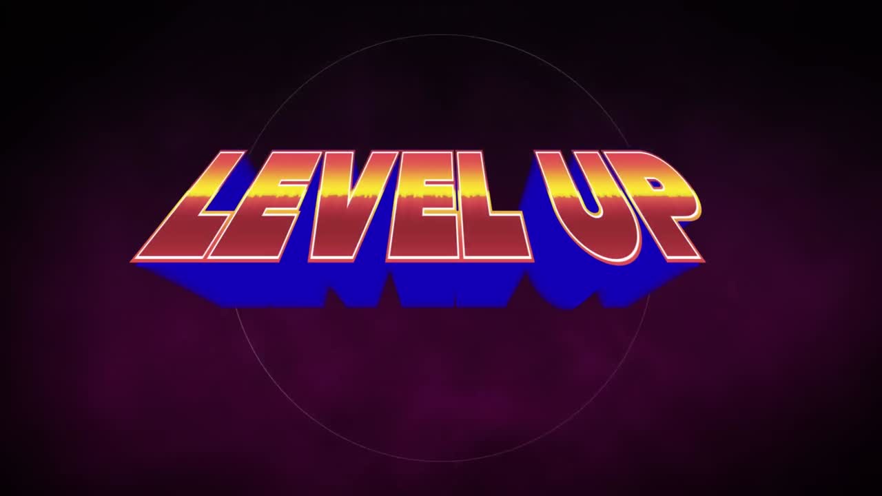 Animation of level up text in red and blue letters over circles