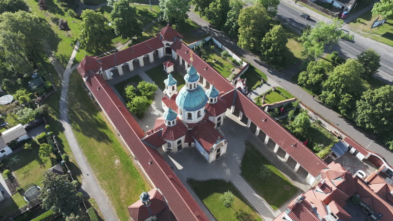 Drone Shot of Church of Our Lady Victorious, B&iacute;l&aacute; Hora, Prague