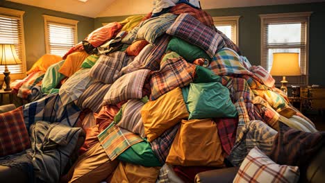 vibrant pillow fort built in a cozy living room during the afternoon