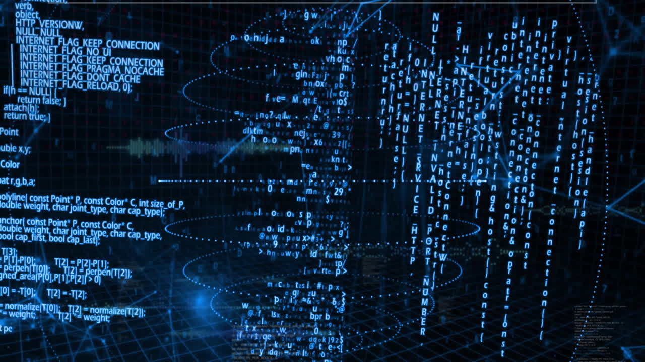 Animation of data processing and circles over black background