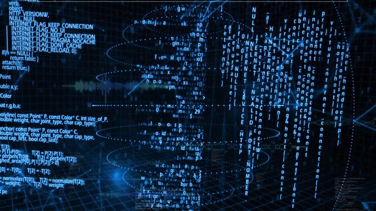 Animation of data processing and circles over black background