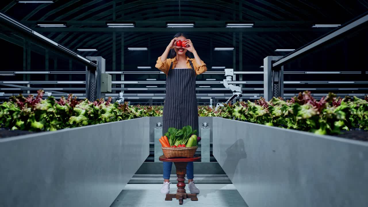 cuerpo lleno de agricultora asiática jugando con tomates en la granja inteligente