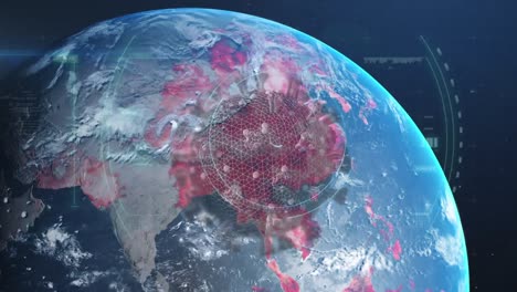 animation of covid 19 cell over globe, scope scanning and data processing