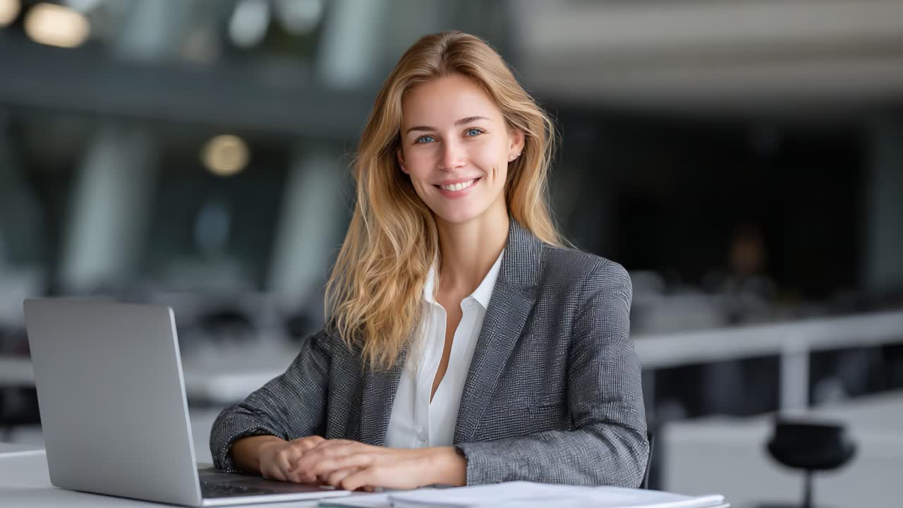 Un professionista aziendale sicuro di sé in un moderno spazio di lavoro, che trasmette positività e successo mentre utilizza tecnologie informatiche e pronto ad affrontare nuove sfide