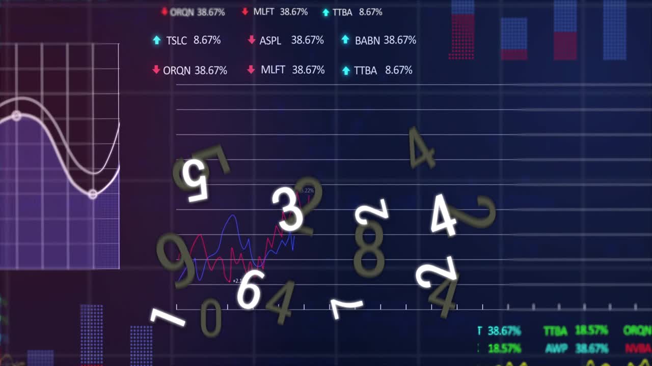 At one-second digits popping into view forming cluster, charts and metrics updating for data trends