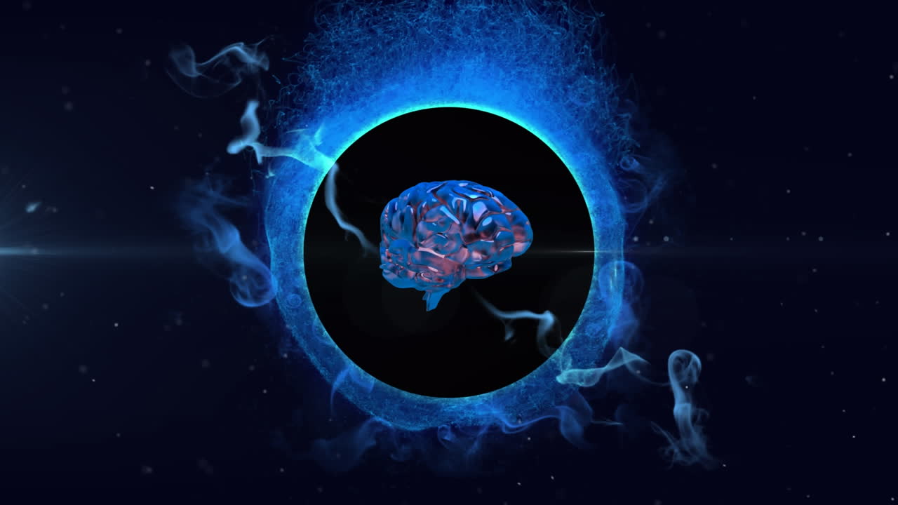 Animazione digitale di un cervello umano che ruota su onde digitali blu su sfondo nero.