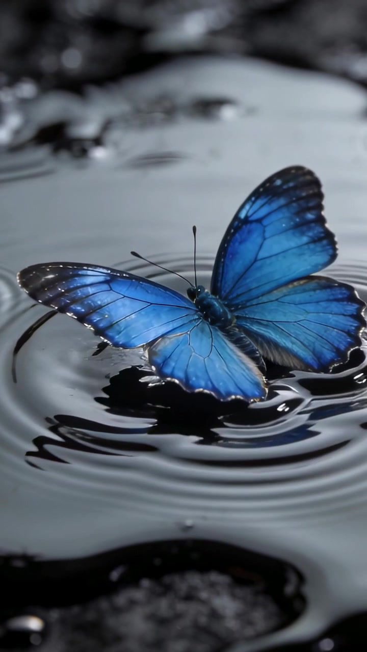 Vertical video: Leg touch blue butterfly raising wing on pool, making ripples, reflection balancing