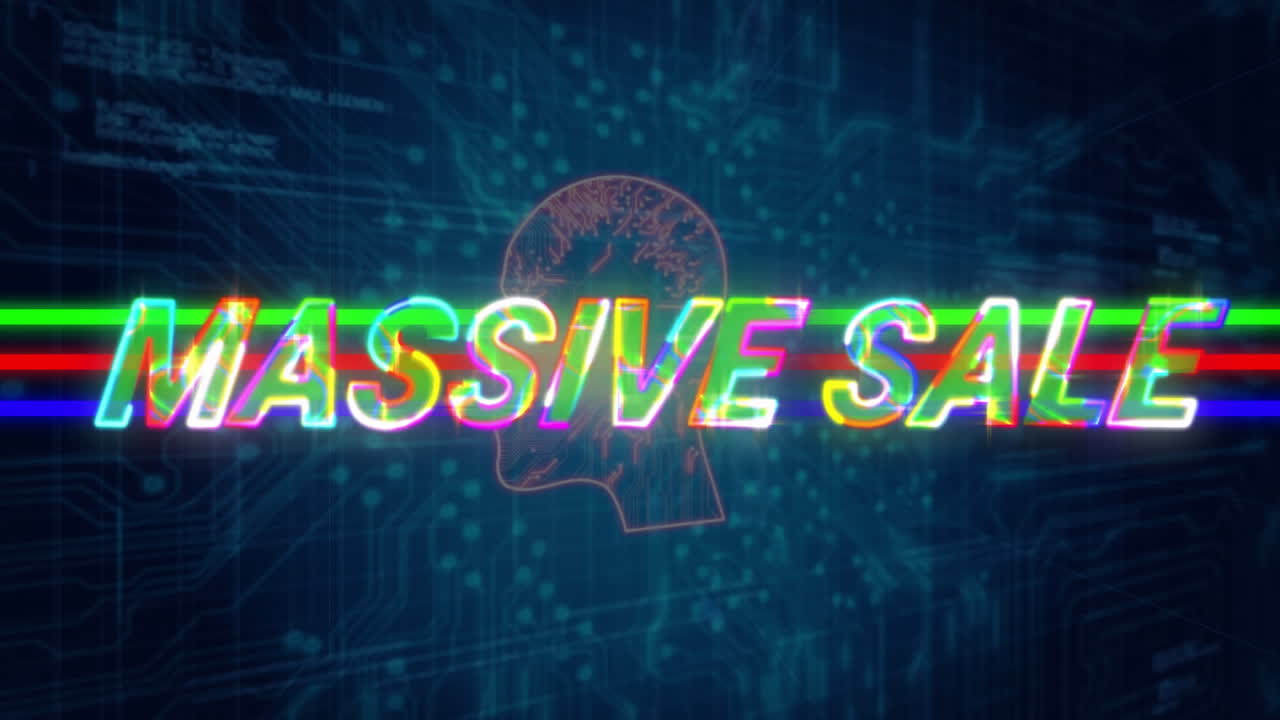 Neon animation text for massive sale over digital background, highlighting discounts