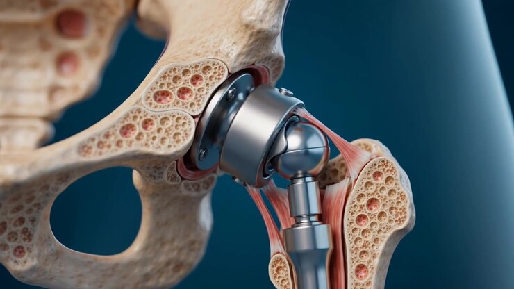 Completed total hip replacement prosthesis with metal ball and stem joint in cross section pelvis view