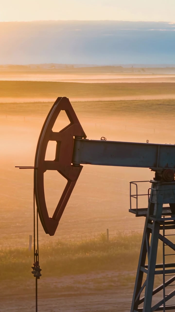 Vertical video: Motor starting, pumpjack pivoting walking beam lowering rod at sunrise, pumping oil